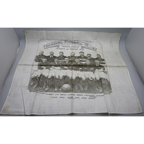 850 - Football, a silk handkerchief, Arsenal FC 1930-31 team