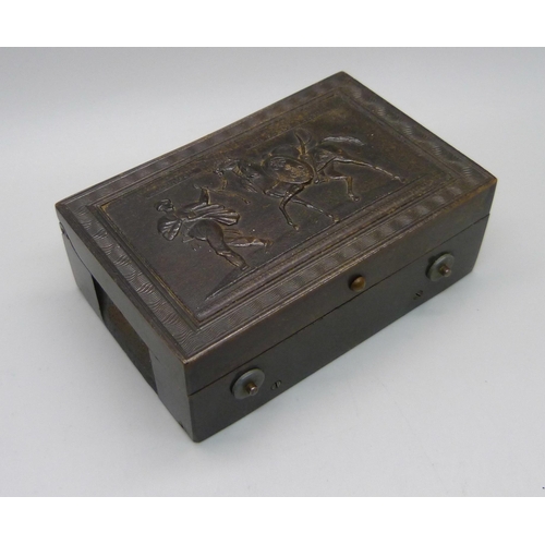 854 - A 19th Century music box, the case marked Mameluck Par Carle Vernet, 96mm wide, a/f, case damaged