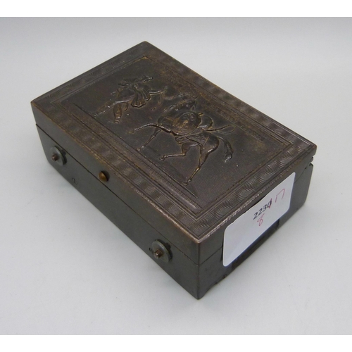 854 - A 19th Century music box, the case marked Mameluck Par Carle Vernet, 96mm wide, a/f, case damaged