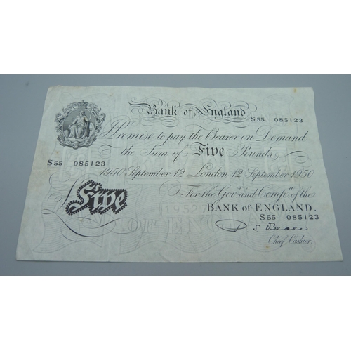 855 - A white £5 note, Beale Chief Cashier