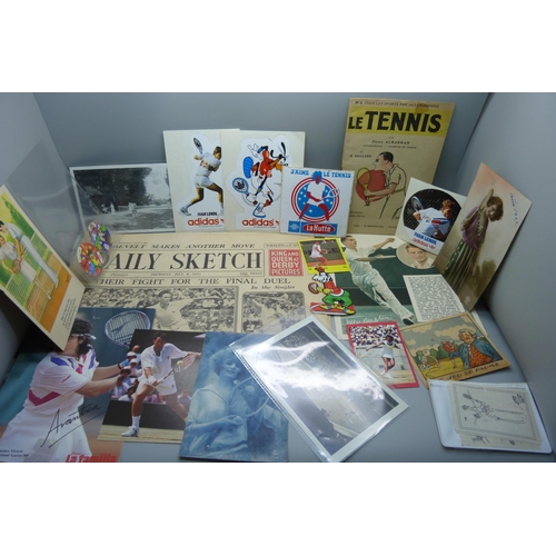 861 - Tennis ephemera; including 1933 Daily Sketch, Le Tennis de Albarran booklet (1930s), postcards and t... 