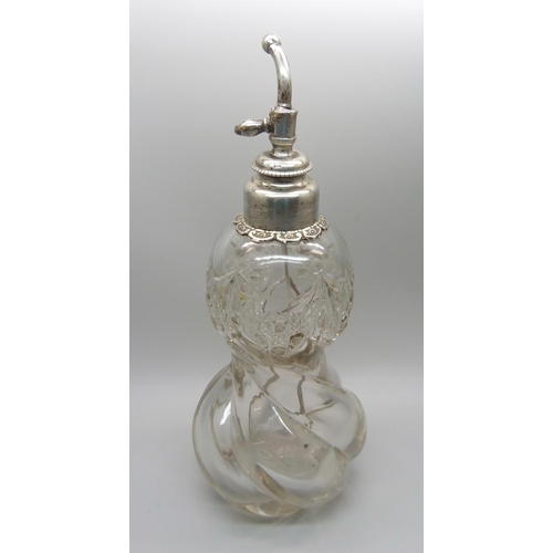 864 - An Edward VII silver topped glass scent atomiser, a/f