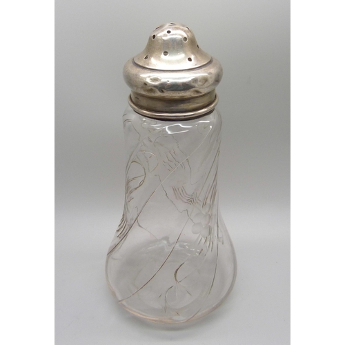 865 - A silver topped glass sugar shaker