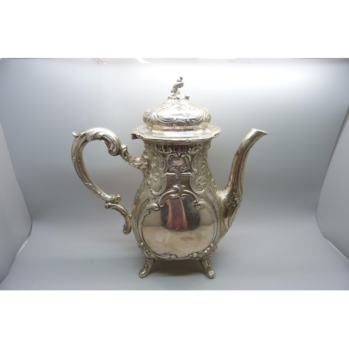 866A - A continental white metal coffee pot, 905g, marked 800, a/f