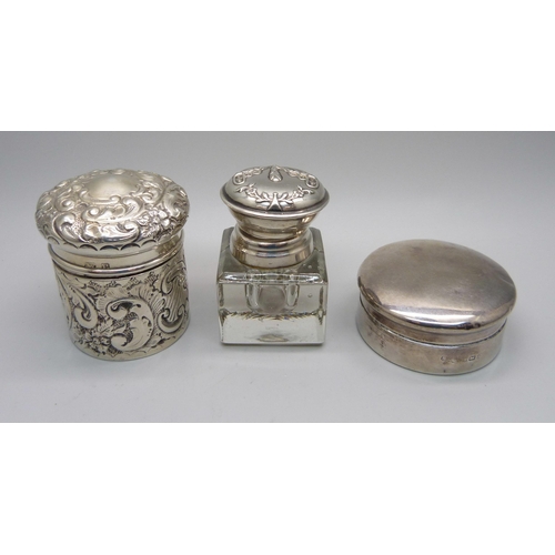 876 - Two silver pots with lids and a silver topped glass inkwell, pots 90g