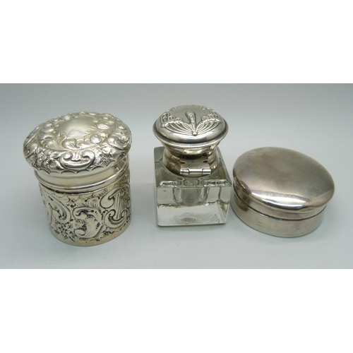 876 - Two silver pots with lids and a silver topped glass inkwell, pots 90g