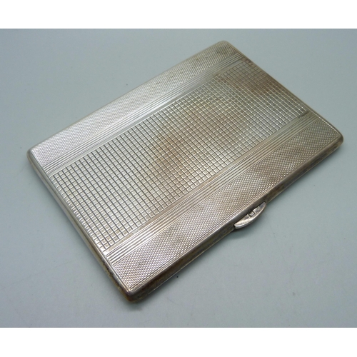 877 - A silver cigarette case, inner case bears inscription dated 1944, 176g, 8cm x 11cm