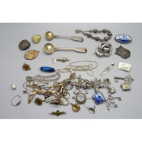 922 - A collection of silver jewellery, silver scout badge, plated locket, etc.