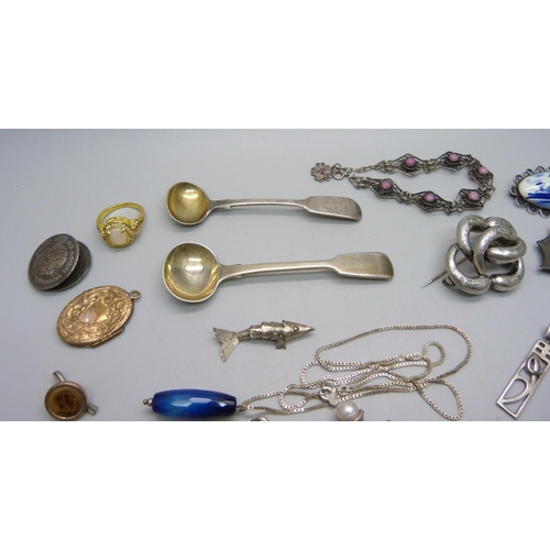 922 - A collection of silver jewellery, silver scout badge, plated locket, etc.