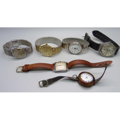 924 - Six watches, including Tissot, Art Deco Rotary and a silver fob watch lacking crown