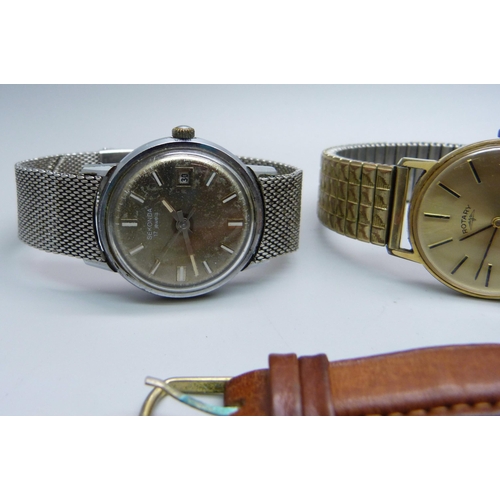 924 - Six watches, including Tissot, Art Deco Rotary and a silver fob watch lacking crown