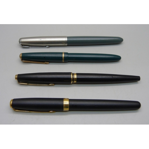 927 - Four fountain pens, Parker Slimfold with 14k gold nib