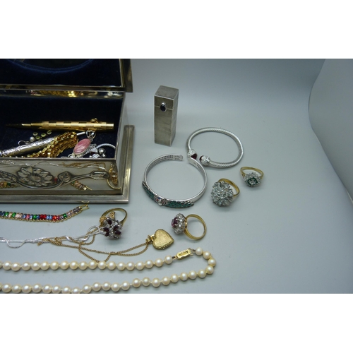 935 - A silver plated box and contents including an 800 silver lipstick holder, pencils, 925 silver gilt b... 