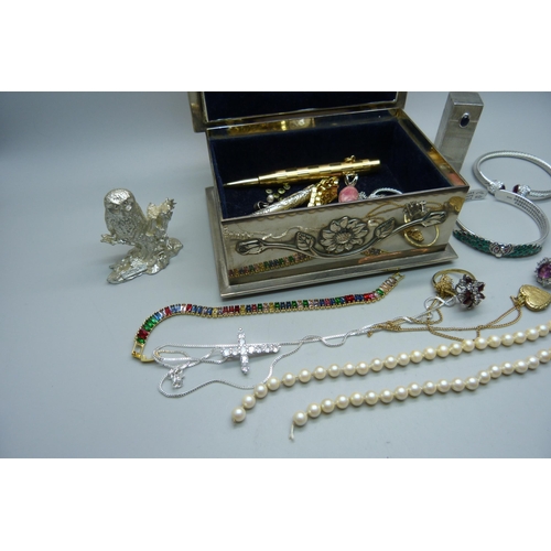 935 - A silver plated box and contents including an 800 silver lipstick holder, pencils, 925 silver gilt b... 