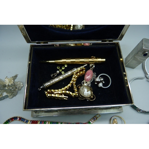 935 - A silver plated box and contents including an 800 silver lipstick holder, pencils, 925 silver gilt b... 