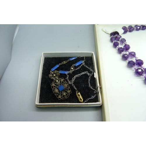 948 - A vintage silver mounted amethyst necklace and two other vintage necklaces