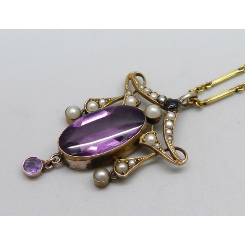 950 - A Victorian amethyst and pearl pendant on a chain