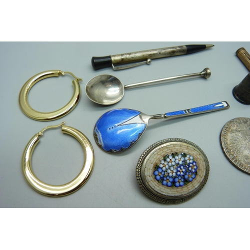 966 - Assorted items including two enamelled silver spoons, a Maria Theresa 1780 silver coin, white metal ... 