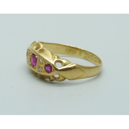 972 - A Victorian 18ct yellow gold ruby and diamond ring, Birmingham 1870, J, 2g