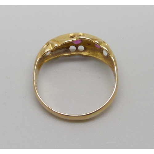 972 - A Victorian 18ct yellow gold ruby and diamond ring, Birmingham 1870, J, 2g