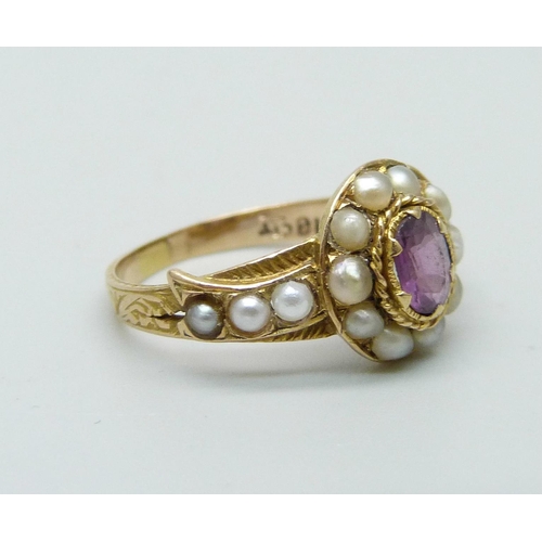 973 - A Victorian 18ct yellow gold amethyst and pearl ring, J, 2g