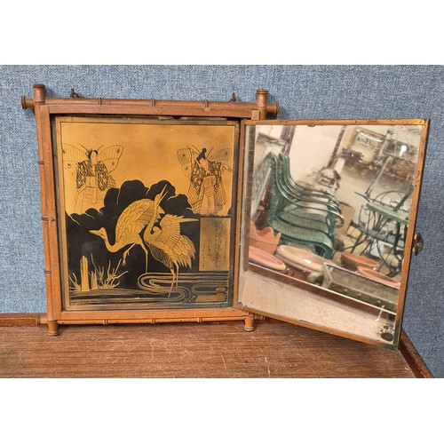 350 - An oriental bamboo and chinoiserie triptych mirror