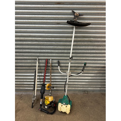 2217A - A GardenLine petrol strimmer, a Pro Mac petrol hedge cutter and hedge cutter attachments