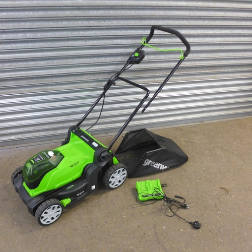 2188 - A Greenworks G24XZLM41, 48V electric cordless lawn mower with 2 x 24V lithium batteries, battery cha... 