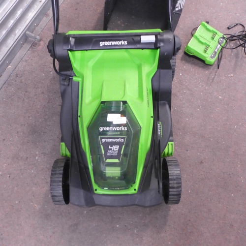 2188 - A Greenworks G24XZLM41, 48V electric cordless lawn mower with 2 x 24V lithium batteries, battery cha... 