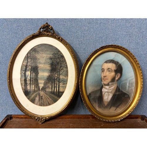 311 - English School, an oval portrait of a gentleman, pastel, framed and one other