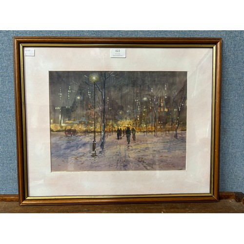 322 - Michael Crawley, Winter Evening, Union Square, New York, watercolour, framed