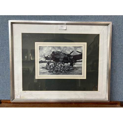 325 - A study of a Lancaster bomber, pen and ink, indistinctly signed, framed