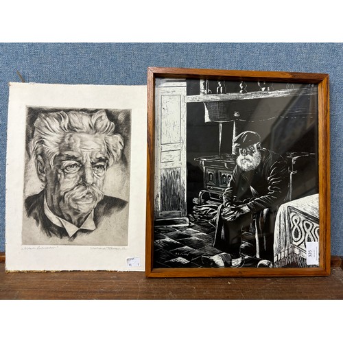 326 - Eberhard Tacke (1903-1998), portrait of Albert Schweitzer, etching, signed and one other