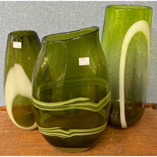 375 - Three green studio glass vases