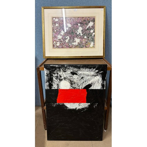 339 - Two abstracts, oil and mixed media, one framed