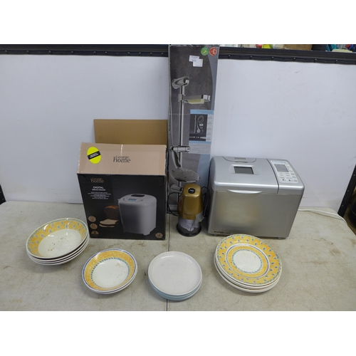 2370 - Two bread makers, a mini grinder, plates and a shower rail