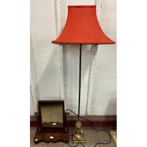 382 - A Victorian mahogany toilet mirror and a brass standard lamp