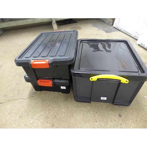 2379 - Three black storage containers with lids (1 x 42ltr and 2 x 20ltr)