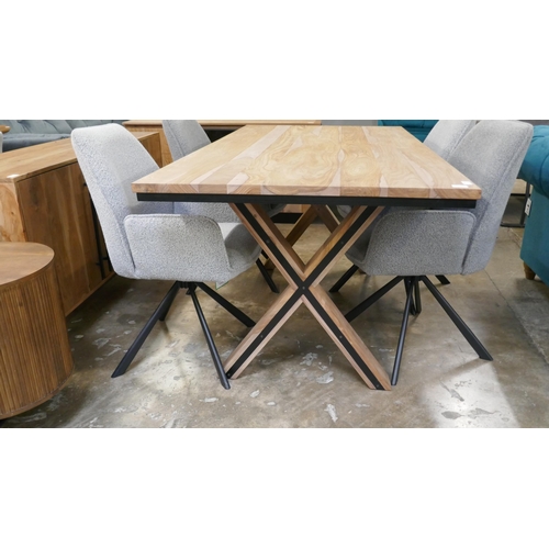 1304 - A wood and metal 'X' base dining table and four boucle chairs  *This lot is subject to VAT