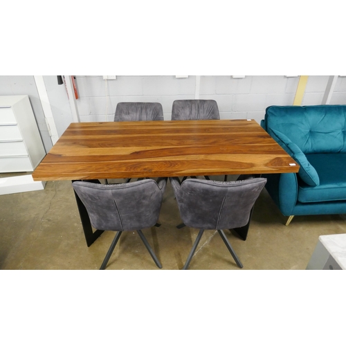 1404 - A Thor Mango and Sheesham wood fixed top dining table, with a set of four charcoal upholstered dinin... 