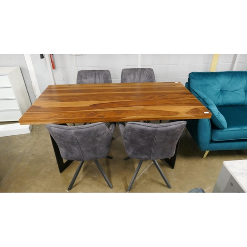 1404 - A Thor Mango and Sheesham wood fixed top dining table, with a set of four charcoal upholstered dinin... 