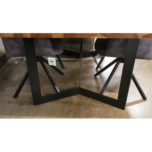 1404 - A Thor Mango and Sheesham wood fixed top dining table, with a set of four charcoal upholstered dinin... 