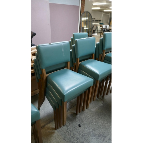 1483 - A set of eight green faux leather upholstered dining chairs, various conditions