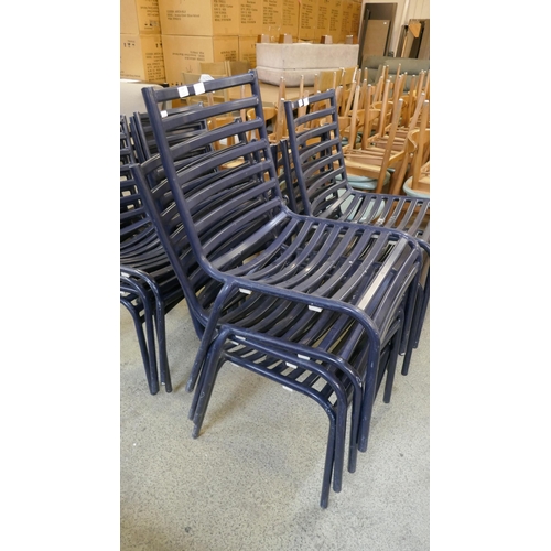 1504 - A set of four navy blue painted, stacking, metal garden chairs