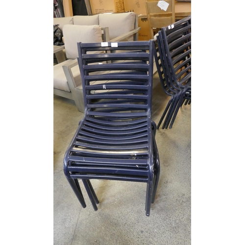 1505 - A set of four navy blue painted, stacking, metal garden chairs