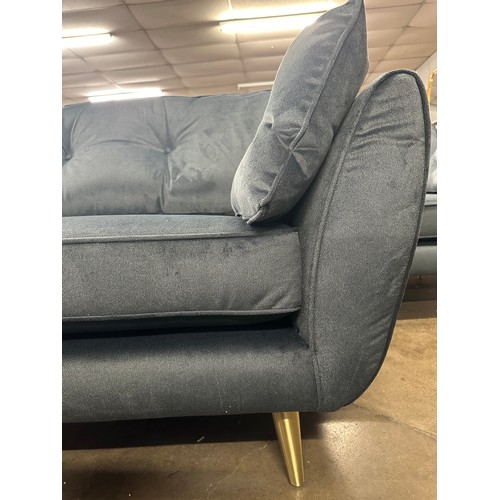 1406 - A slate velvet upholstered button back three seater sofa and armchair on brass effect legs