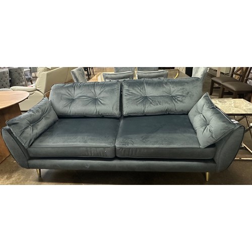 1406 - A slate velvet upholstered button back three seater sofa and armchair on brass effect legs