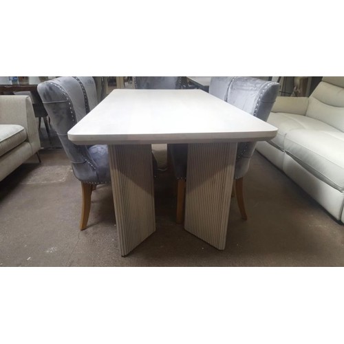 1411 - Light grey wooden dining table and six grey upholstered chairs *This lot is subject to VAT