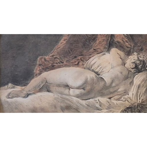 22 - French School (19th Century), portrait of a reclining erotic female nude, pencil and chalk, 21 x 37c... 