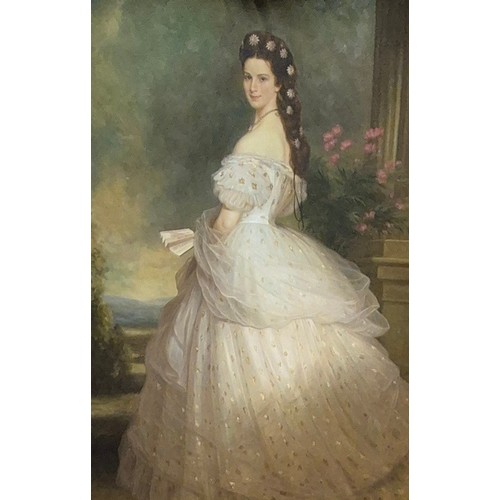 25 - A large 18th Century style full length portrait of a lady in a white dress, oil on canvas, 120 x 90c... 